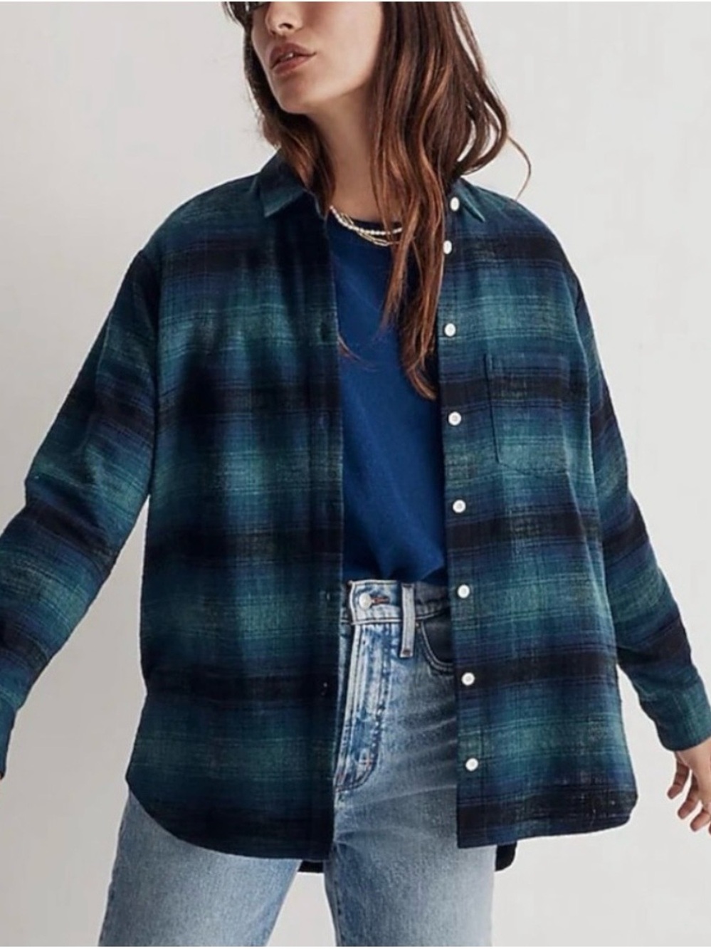 Madewell Plaid Flannel Shirt Women’s Size M Blue Teal Black Cotton Button Front